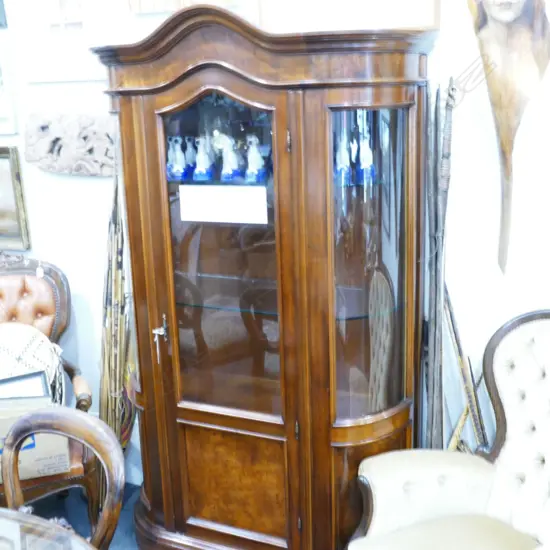 WALNUT DISPLAY VITRINE WITH CURVED GLASSS