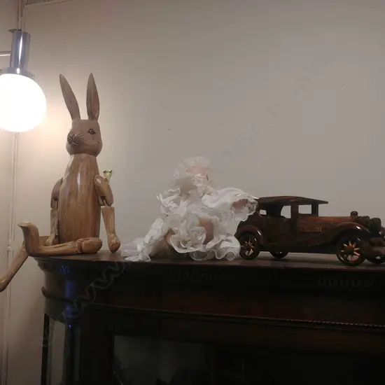 WOODEN CAR + BUNNY + DOLL