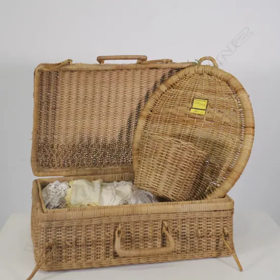CANE PICNIC HAMPER WITH VINTAGE DOILIES ETC & HANGING CANE PLANTER