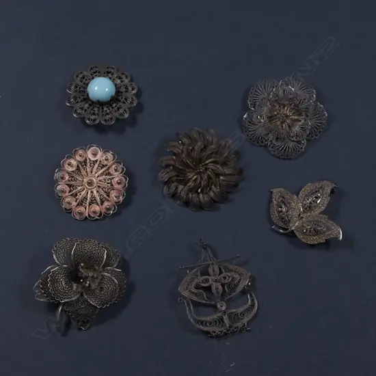 7 FILIGREE SILVER BROOCHES