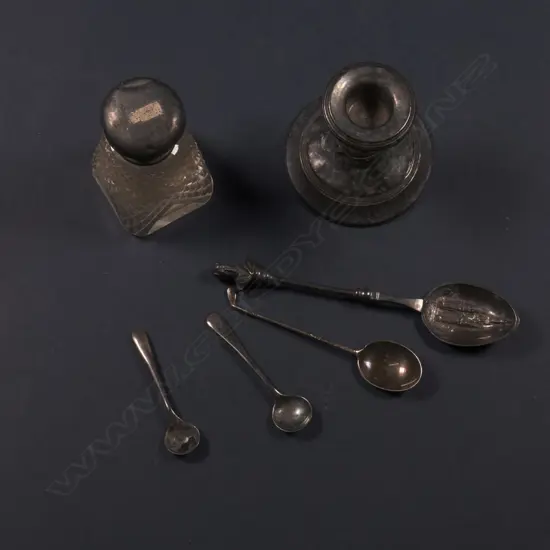 S/SIL CANDLE HOLDER; CRYSTAL BOTTLE WITH SIL TOP; SIL SCOTTISH SPOON; 3 SMALL SPOONS