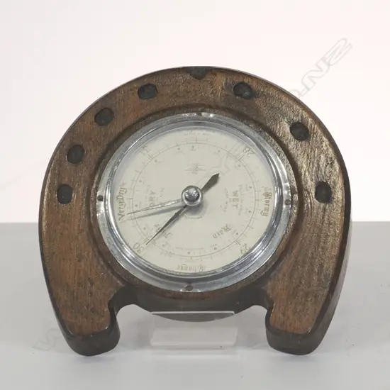 OAK FRAMED HORSE SHOE SHAPED BAROMETER, W. 190MM