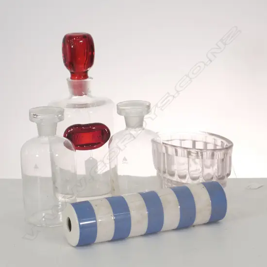 GLASS JELLY MOULD, CORNISHWARE ROLLING PIN, CHEMIST JARS & WHISKEY DECANTER, TALLEST H. 280MM, SOME FAULTS