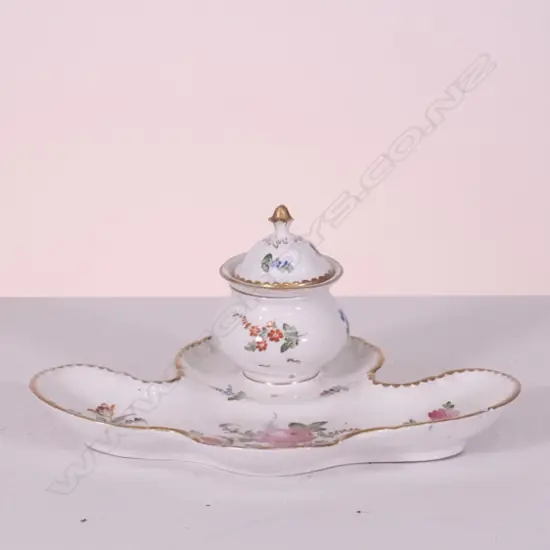 DRESDEN PORCELAIN INKWELL, H/PAINTED FLORAL DECORATION, L. 240MM
