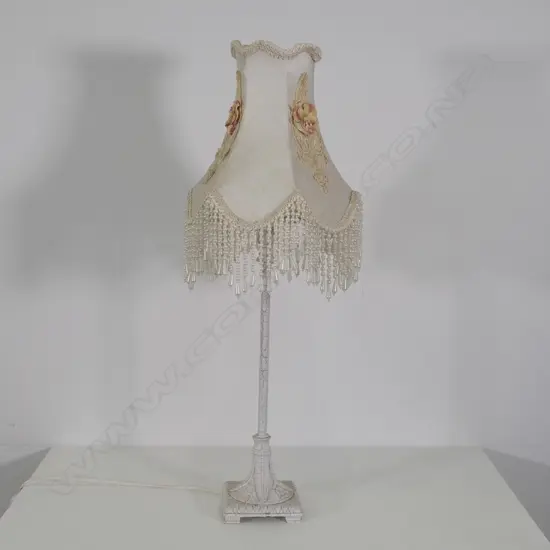 A SIDE LAMP  WITH BEADED SHADE AND A CRACKLE PAINT FINISH H 650 MM