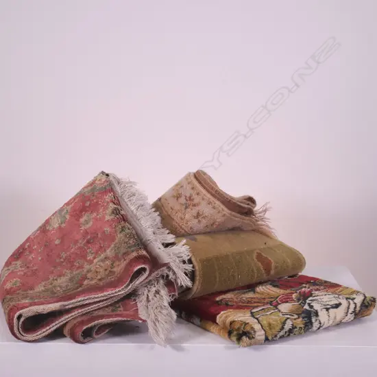 BOX OF ASST ITEMS, MACHINED RUGS, TABLE RUNNERS & EGYPTIAN TAPESTRY