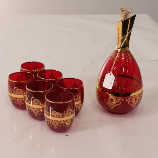 VENETIAN RUBY GLASS DECANTER & SIX BEAKERS. H.230mm