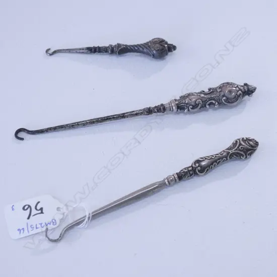 3 SILVER HANDLED BUTTON HOOKS