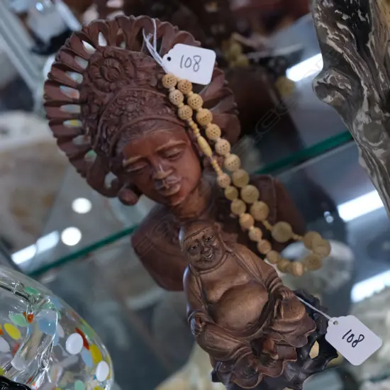 WOODEN BUDDHA,BALINESE CARVING WITH CARVED BONE BEADS