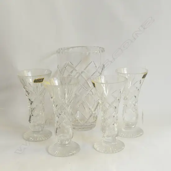 SET 4 CUT CRYSTAL VASES PLUS ONE LARGER