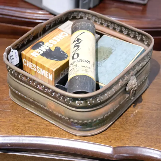 BRASS CONTAINER W/ VINTAGE GAMES / CANASTA ETC