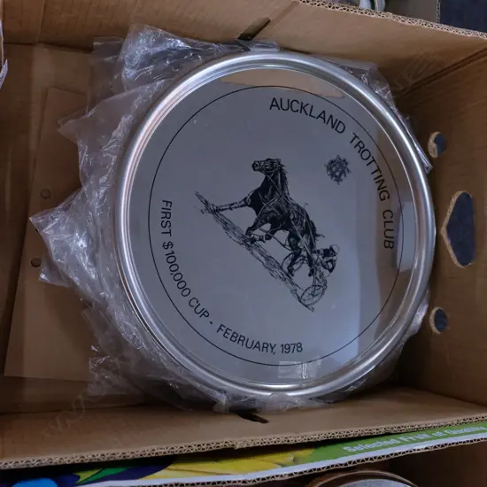 APPROX 20 "AUCKLAND TROTTING CLUB" STAINLESS SERVING TRAYS EACH DIA. 370MM