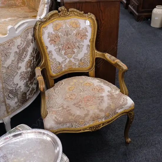 OPEN ELBOW CHATEAU STYLE GILT ARMCHAIR W. 600MM D. 530MM H. 900MM