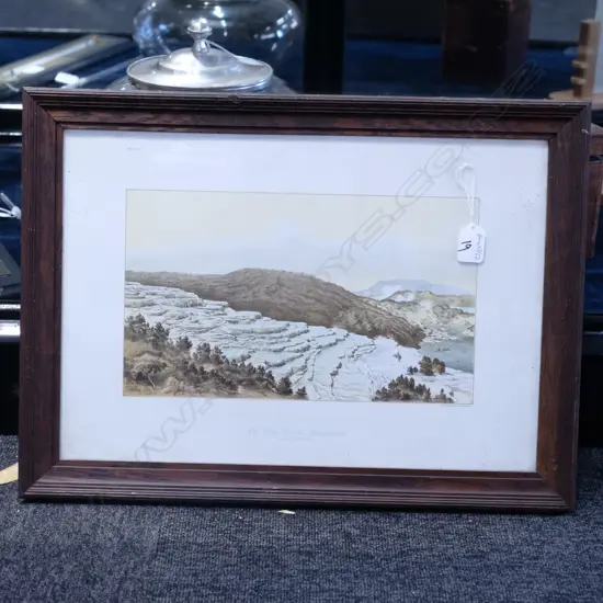 FRAMED LITHO PINK AND WHITE TERRACES ROTOMAHANA - H. 190MM W. 340MM