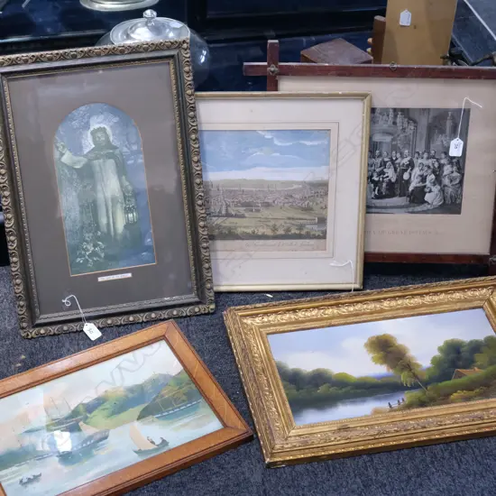 LOT ASST - FRAMED OIL PAINTING / SHIPPING PRINT / LONDON ENGRAVING / ROYAL FAMILY / CHRIST PRINT. LARGEST 560MM X 340MM 