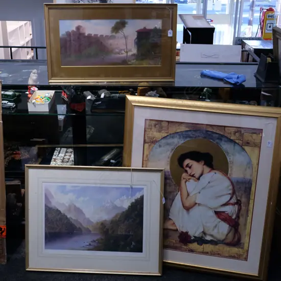 ANTTIQUE LANDSCAPE PAINTING; + 2 OTHER PRINTS