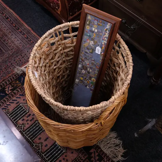 2 CANE BASKETS AND PIN DISPLAY CASE