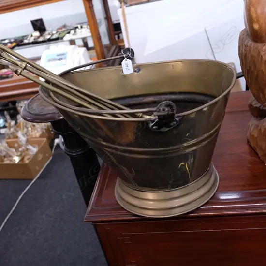 BRASS COAL SCUTTLE AND FIRE SET