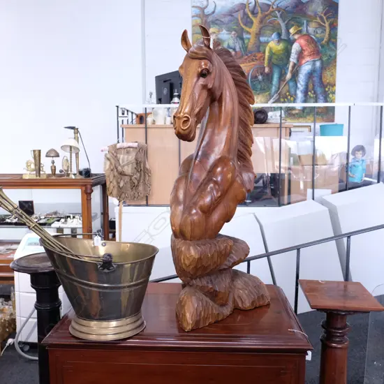 LARGE CARVED BUST OF HORSE. H. 1010MM