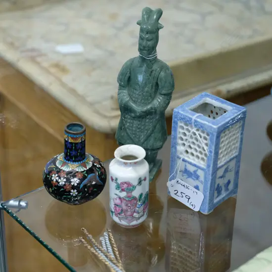 CARVED STONE WARRIOR / CLOISONNE VASE + 2 OTHERS