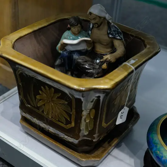 CHINESE PLANTER/FIGURES + 2 CARVED STANDS