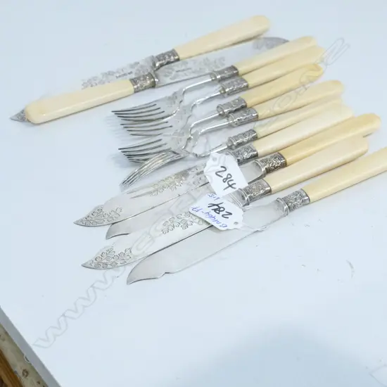 6 SILVER FISH KNIVES & 5 FORKS