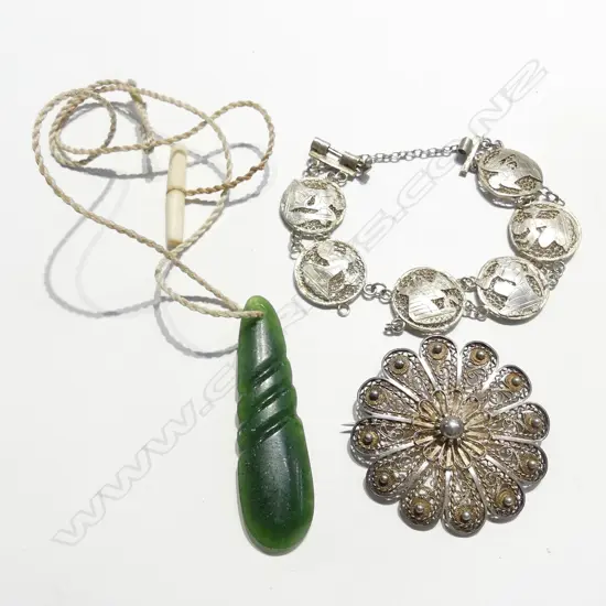 SILVER BRACELET & BROOCH + GREENSTONE PENDANT