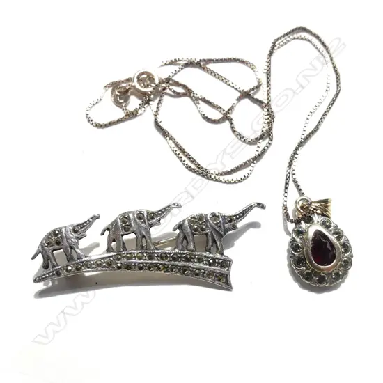 OLD SILVER MARCASITE ELEPHANT BROOCH & SIL. PENDANT CHAIN