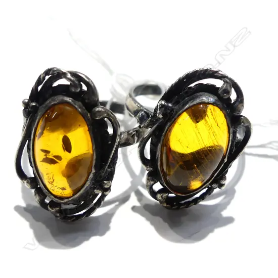 2 VINTAGE SILVER AMBER DRESS RINGS STAMPED SZ