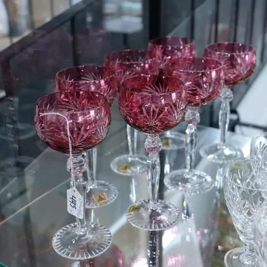 7 ETCHED RUBY WINE GLASSES