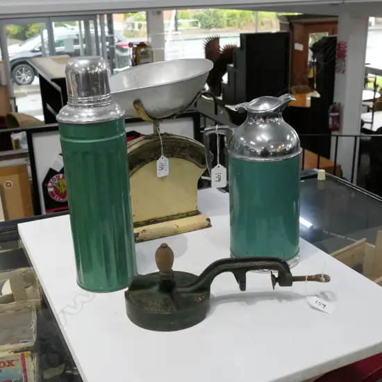 VINTAGE THERMOS, BEAN SLICER, SCALES ETC