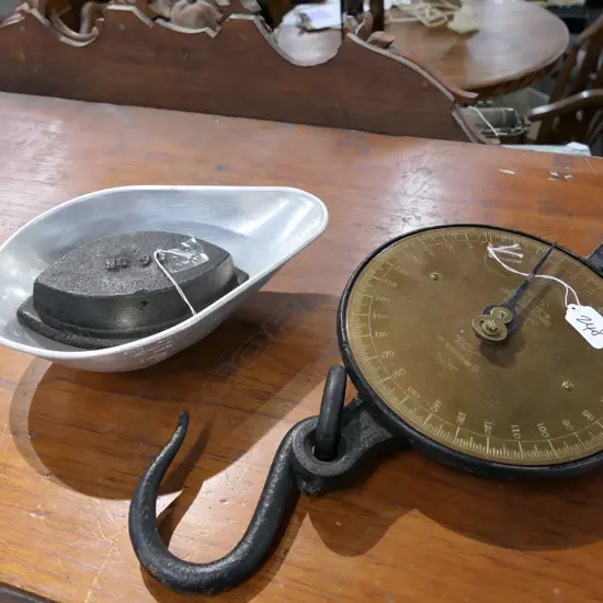 VINTAGE CAST IRON HANGING SCALES + IRON