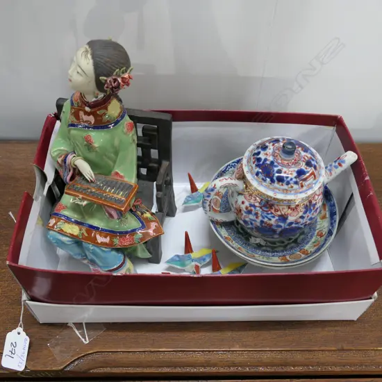 SMALL BOX IMARI DISHES, PORCELAIN FIGURE, ETC.