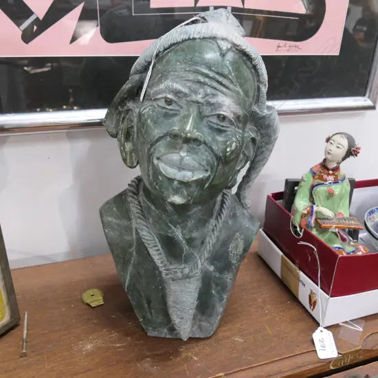 CARVED STONE AFRICAN WARRIOR BUST H 380MM