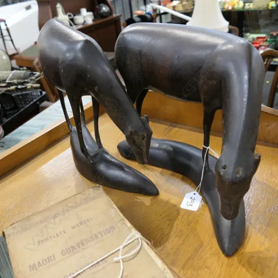 PR OF CARVED WOODEN DEER H 240 MM