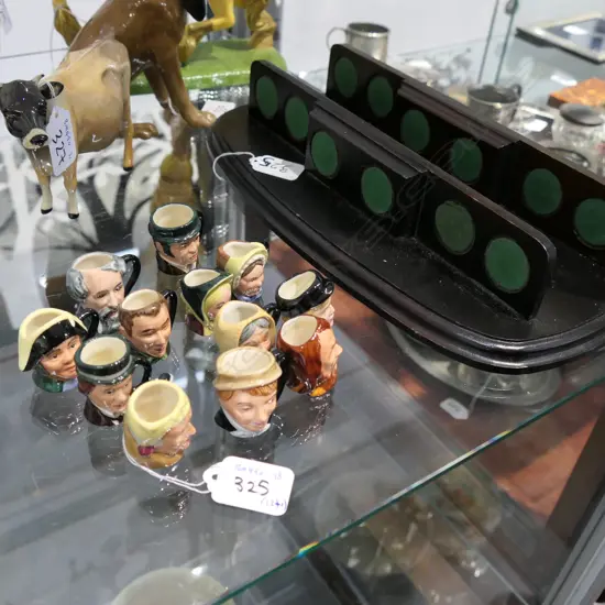 ROYAL DOULTON CHARLES DICKENS COMMEMORATIVE SET OF 12 CHARACTER JUGS COMPLETE w MAHOGANY DISPLAY SHELF sold 1982-1988