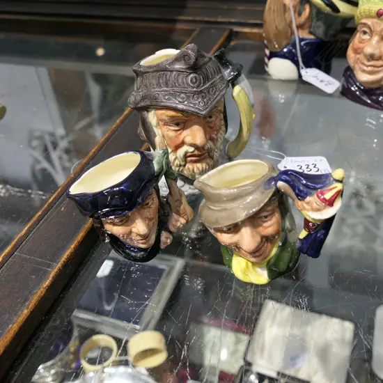 3 X ROYAL DOULTON CHARACTER JUGS SCARAMOUCHE--MINI D6564 2½" PUNCH & JUDY MMAN--MINI D6596 2½" GLADIATOR--SM. D655