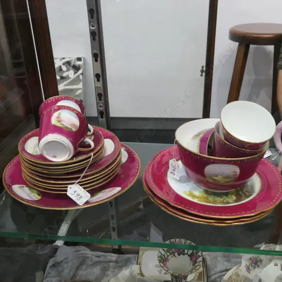 VICTORIAN PART TEA SET, PINK COLOUR, WITH ENGLISH SCENES