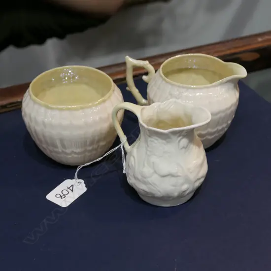 2 GREEN MARK BELLEEK JUGS AND SUGAR BOWL