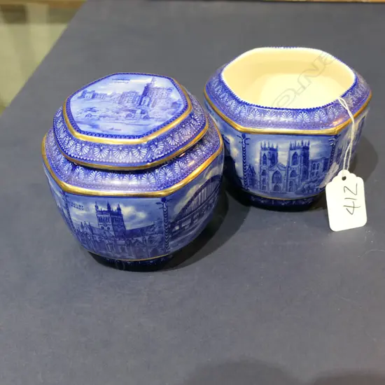 2 MALING B&W TEA CADDIES FOR RINGTON'S TEA 80th ANNIVERSARY (1 LID ABSENT)