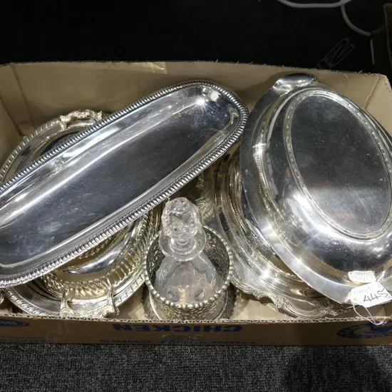 BOX SILVER PLATE: 3 TUREENS BOTTLE COASTER SHAKER