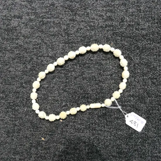 CHINESE CARVED BONE LOTUS FLOWER BEAD NECKLACE