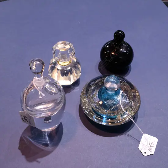 3 HANDBLOWN GLASS SCENT BOTTLES + ONE OTHER, TALLEST 150MM