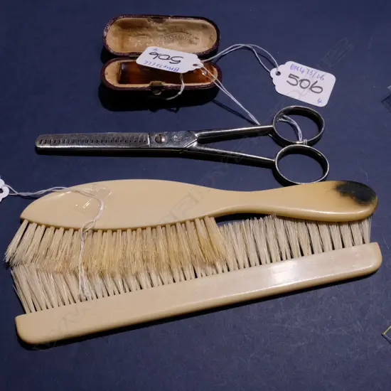 VINT AMBER CIG. HOLDER,  IVORINE BRUSH SET & CRIMPING SCISSORS (STAMPED 180)