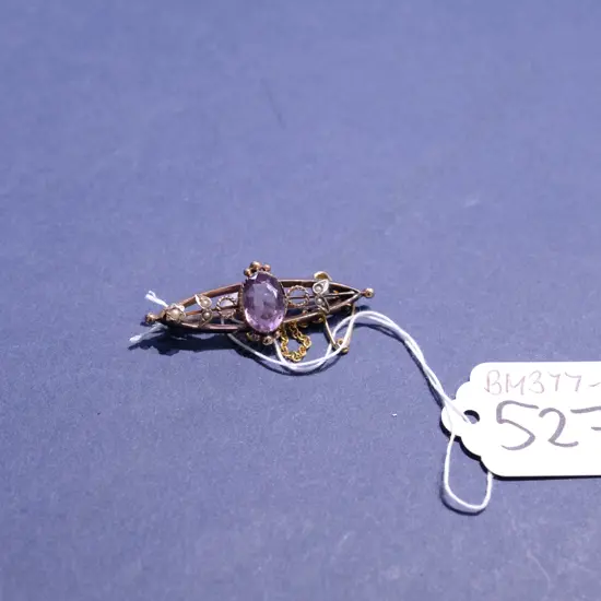 9CT GOLD EDWARDIAN PEARL/AMETHYST BAR BROOCH