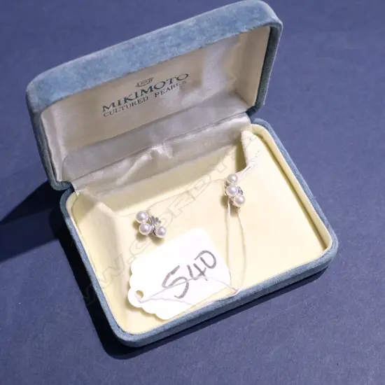 MIKIMOTO PEARL EARRINGS, LOGO ON BUTTERFLY