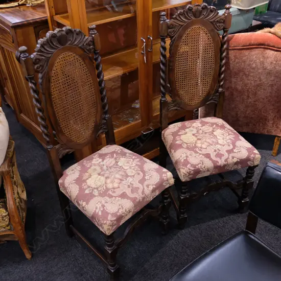 2 BARLEY TWIST CANE BACKED DINING CHAIRS