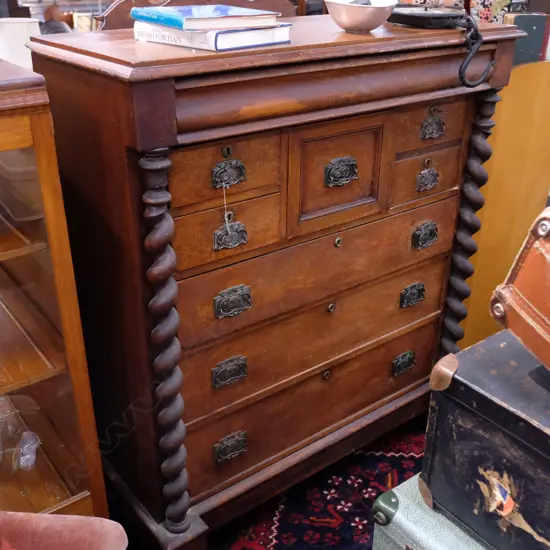 COLONIAL SCOTCH CHEST w BARLEY TWIST COLUMNS (ART NOUVEAU HANDLES). H.1440mm