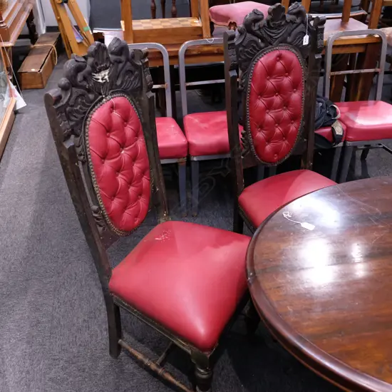 4 CARVED OAK HIGH BACK DINING CHAIRS RED UPHOLSTERY H. 1150MM