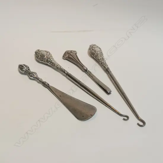 2 SILVER HANDLED BUTTON HOOKS, TWEEZERS & SHOE HORN